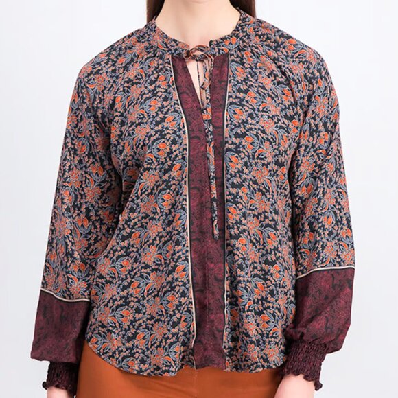 Women Long Sleeve Floral Print Tie Neck Boho Blouse, S, Multi - Picture 1 of 10
